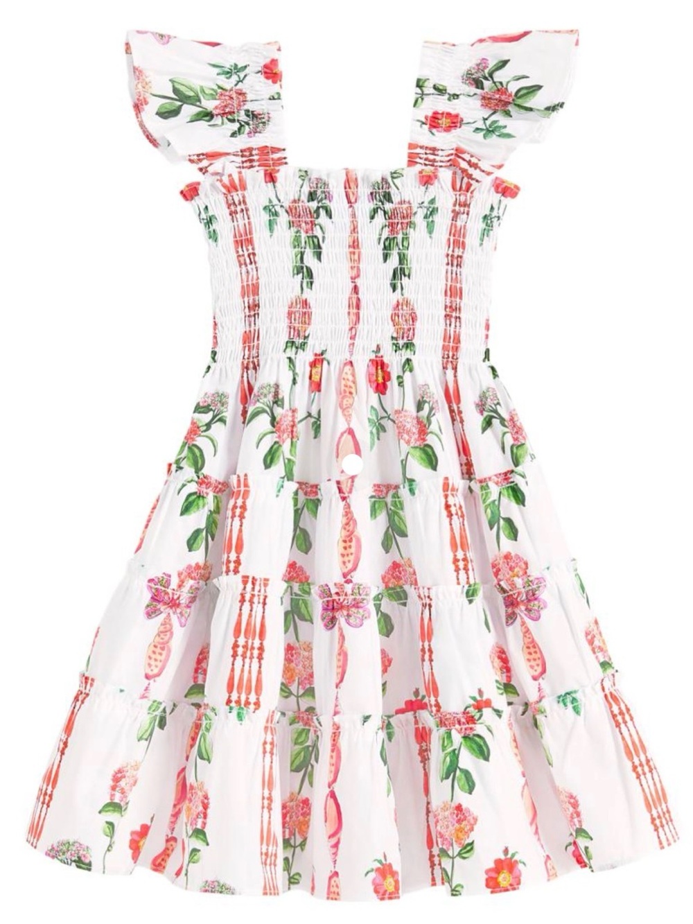 Hill House Girls White Floral Smocked Dress - Pink & Green